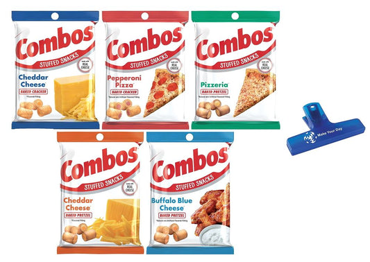 COMBOS Cheddar Cheese Cracker, JD28&nbsp;Pepperoni Pizza, Pizzeria, Cheddar Cheese Pretzel, and Buffalo Blue Cheese, 6.3 Ounce (Pack of 5) - with Make Your Day Bag Clip