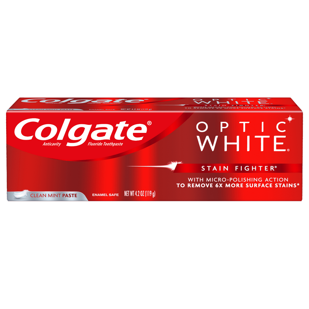 Colgate Optic White Stain Fighter Teeth Whitening Toothpaste, Clean Mint Paste, 4.2 oz