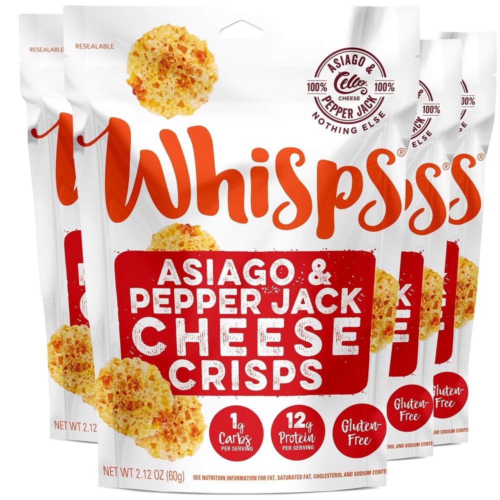 Whisps All-Natural Cheese Crisps – Great Tasting Healthy Snack - Keto Friendly – High Protein – Low Carb – Gluten & Sugar Free – 4 Pack (2.12oz Bags) (Asiago Pepper Jack)