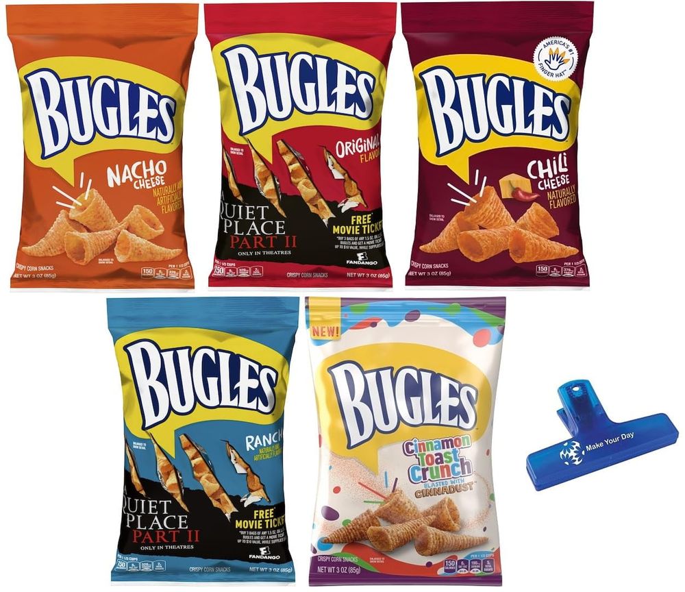 Bugles Crispy Corn Snacks JMS2&nbsp;Variety, Nacho Cheese, Original, Chili Cheese, Ranch, and Cinnamon Toast Crunch, One 3oz Bag of Each with Make Your Day Bag Clip