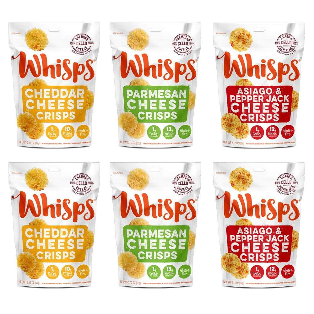 whisps cheese crisps 6 pack assortment | keto snack, no gluten, no sugar, low carb, high protein | parmesan, cheddar and asiago & pepper jack