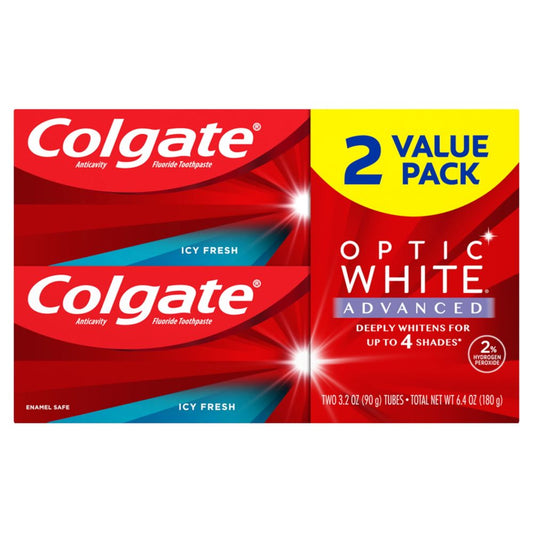 Colgate Optic White Advanced Hydrogen Peroxide Toothpaste, Icy Fresh, 2 Pack, 3.2 Oz