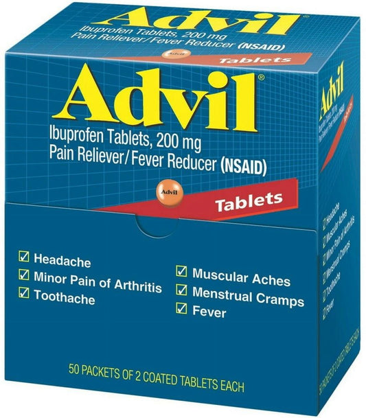 Advil Ibuprofen, 200mg, 50 Packets of 2 Coated Tablets (Pack of 2)