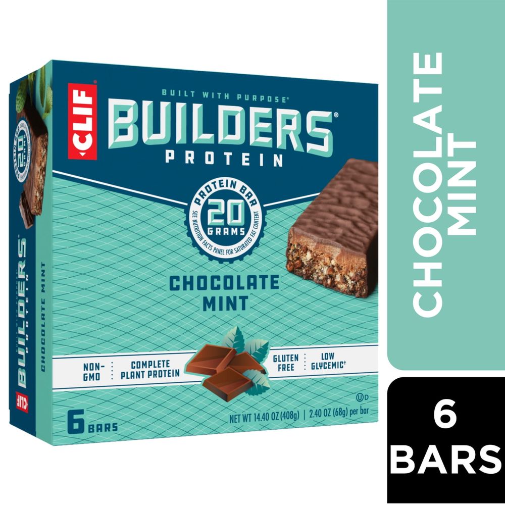 CLIF Builders - Chocolate Mint Flavor - Plant Based Protein Bars - Gluten Free - Non-GMO - Low Glycemic - 20g Protein - 2.4 oz. (6 Pack)