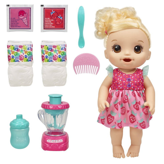 Baby Alive Magical Mixer Baby Doll Strawberry Shake with Blender Accessories, Drinks, Wets, Eats, Blonde Hair Toy for Kids Ages 3 and Up