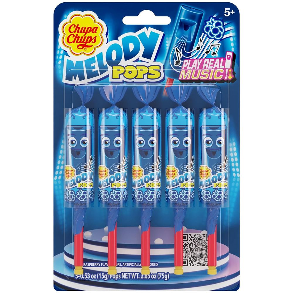 Chupa Chups Melody Pop, Blue Raspberry Flavor, Whistle Lollipops, Individually Wrapped Candy Suckers, 5 Count Pack