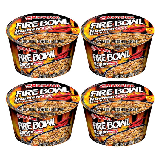 Maruchan Bowl Fire Spicy Beef Flavor, 3.49 oz Instant Cup Noodles Japanese Ramen Noodle Soup Convenient and Portable Just add Water for Snacking Lunch or College Gift Package Pack of 4