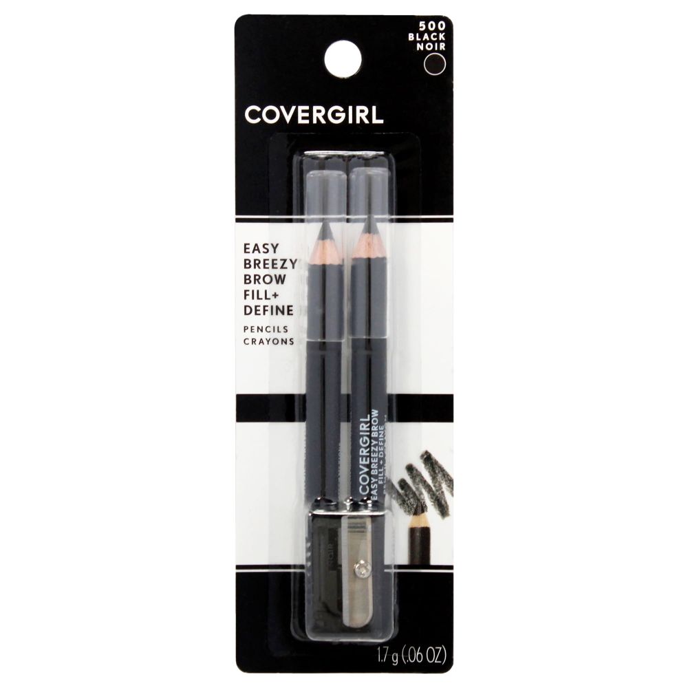 (2-Pack) COVERGIRL Easy Breezy Brow Fill + Define Eyebrow Pencil, 500 Black, 0.008 oz, Eye Pencil, Brown Eyebrow Pencil, Blendable Pencil Fill and Defined Brows, Sharpener Included