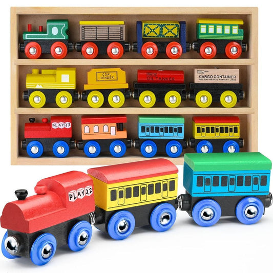 Wooden Train Set 12 PCS - Train Toys Magnetic Set Includes 3 Engines - Toy Train Sets For Kids Toddler Boys And Girls - Compatible With Thomas Train Set Tracks And Major Brands - Play22USA