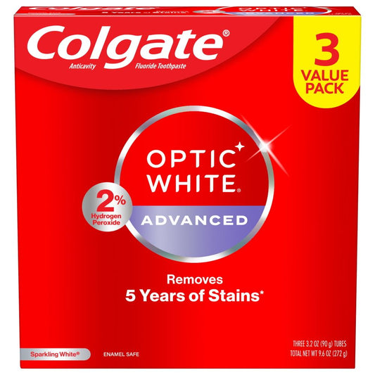 Colgate Optic White Advanced Hydrogen Peroxide Toothpaste, Sparkling White, 3 Pack, 3.2 oz