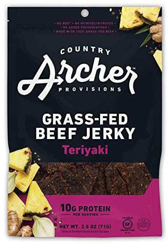 Country Archer Grass Fed Beef Jerky - Beef Jerky Snack Pack, Teriyaki Beef Jerky Bulk, Individual Beef Jerky Pack, Gluten Free Protein Snack - Teriyaki Flavor, 2.5 oz (Pack of 4)