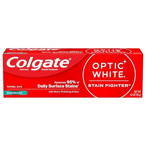 Colgate Optic White Stain Fighter Teeth Whitening Toothpaste, Anticavity Fluoride Toothpaste for Whitening Teeth, Helps Remove Daily Surface Stains, Clean Mint Paste, 4 Pack, 4.2 oz