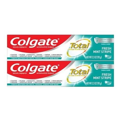 Colgate Total Toothpaste, Fresh Mint Stripe Gel, 3.3 oz (93g) - Pack of 2